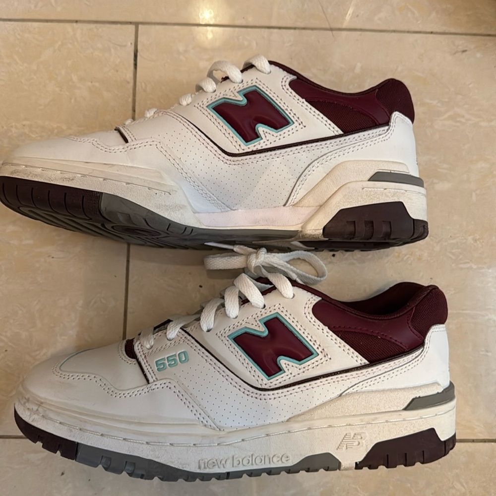 New Balance 550 in white, burgundy and blue sneakers